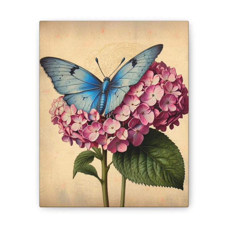 Cottagecore Botanical Blue Butterfly on Pink Hydrangea Canvas Print Hydrangea