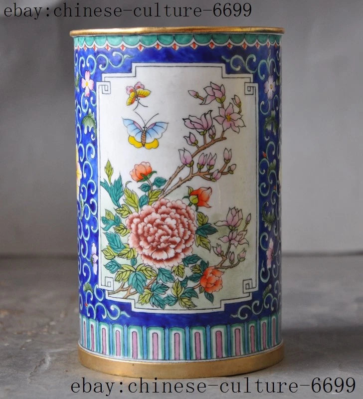 Blue cloisonne flower and butterfly brush pot pencil vase with gold rim