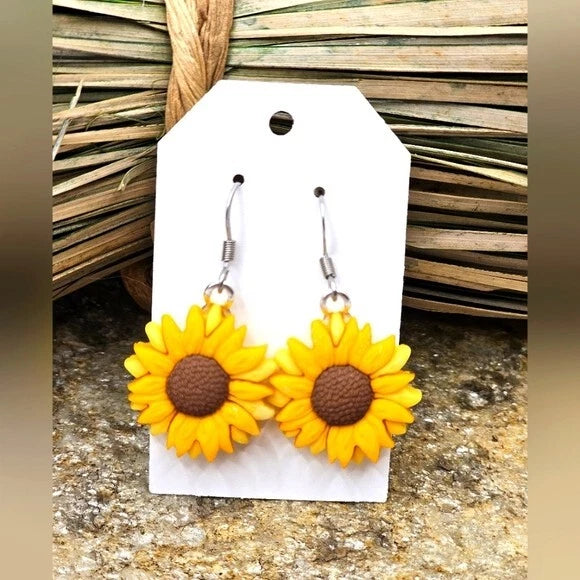 Sunflower dangle earrings with pierced hooks and brown center flower drops, light weight