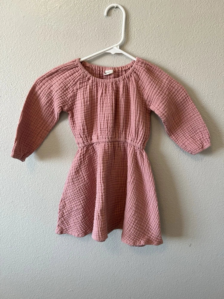 Alice & Ames Mae dress, carnation pink, long-sleeve gathered waist for 4T girls