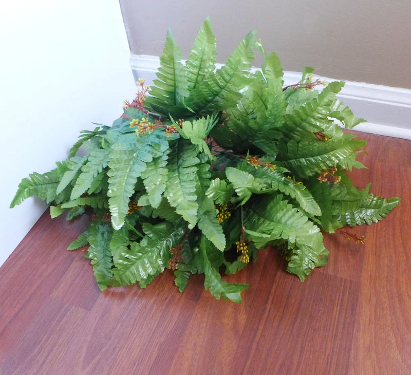 Artificial Boston fern bush, bright green silk leaves in full leafy cluster