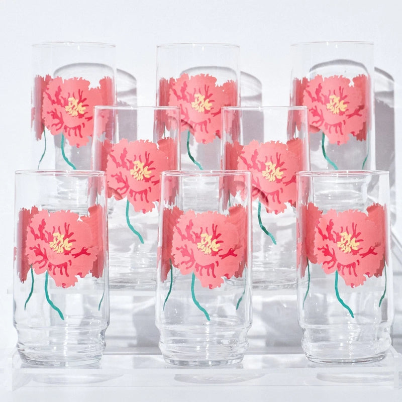 Vintage Mid C Indiana Glass Retro Coral Carnation 6" Highball Glasses Set of 8 Carnation