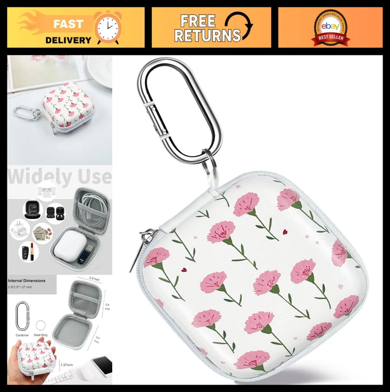 Portable Square Earbud Case Organizer - EVA Storage Bag with Carabiner for Headp Carnation