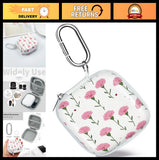 Portable Square Earbud Case Organizer - EVA Storage Bag with Carabiner for Headp Carnation