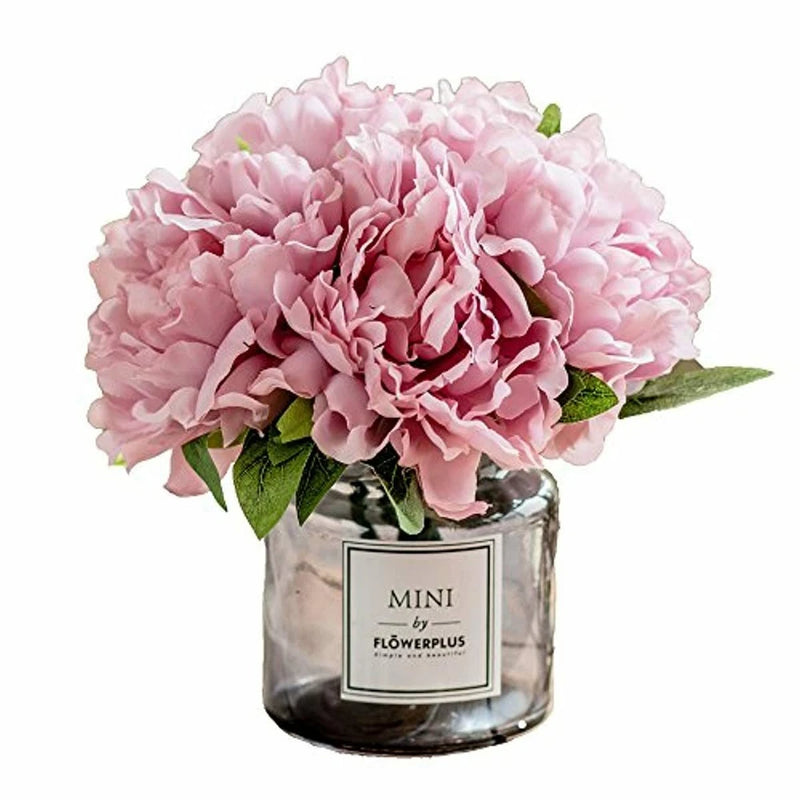 Gray glass vase with pink faux peony artificial flowers