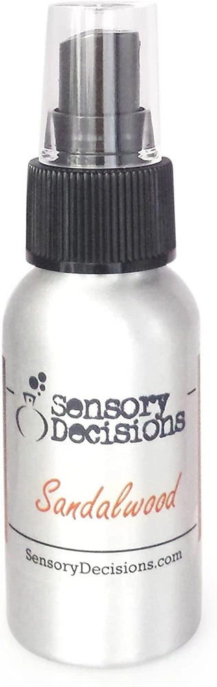 Sandalwood fragrance spray bottle with black ribbed cap and white liquid
