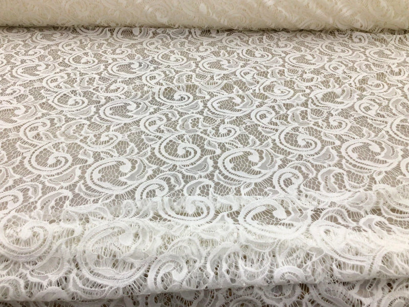 Embroidered Stretch Lace Apparel Fabric Sheer Scrolling Floral Pearl White HH211 Flowering Plants