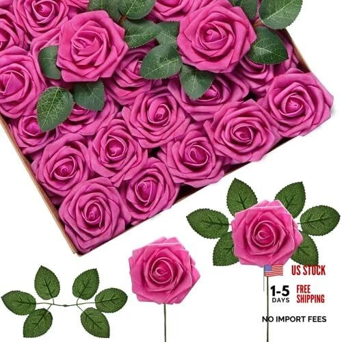 Artificial Flowers Pcs Rose Foam Red-Violet Fake Roses Bulk with 50 Fuchsia Bouquet
