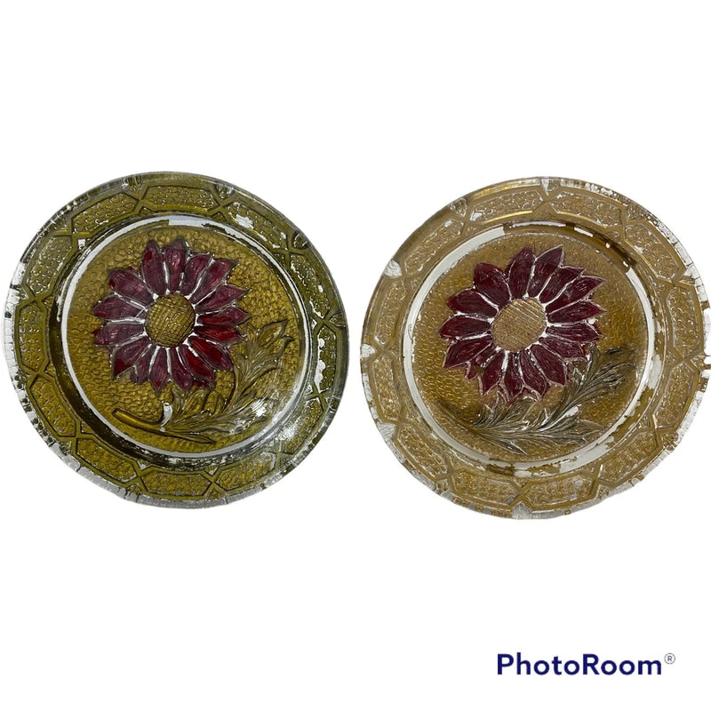 Hand-painted sunflower glass plate with purple flower, gold and green mosaic rim.