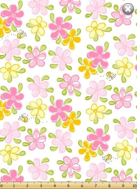 Susybee MAMA LAL the LAMB Floral White Quilt Fabric Sold by 1/2 yd #20301-100 Flowering Plants