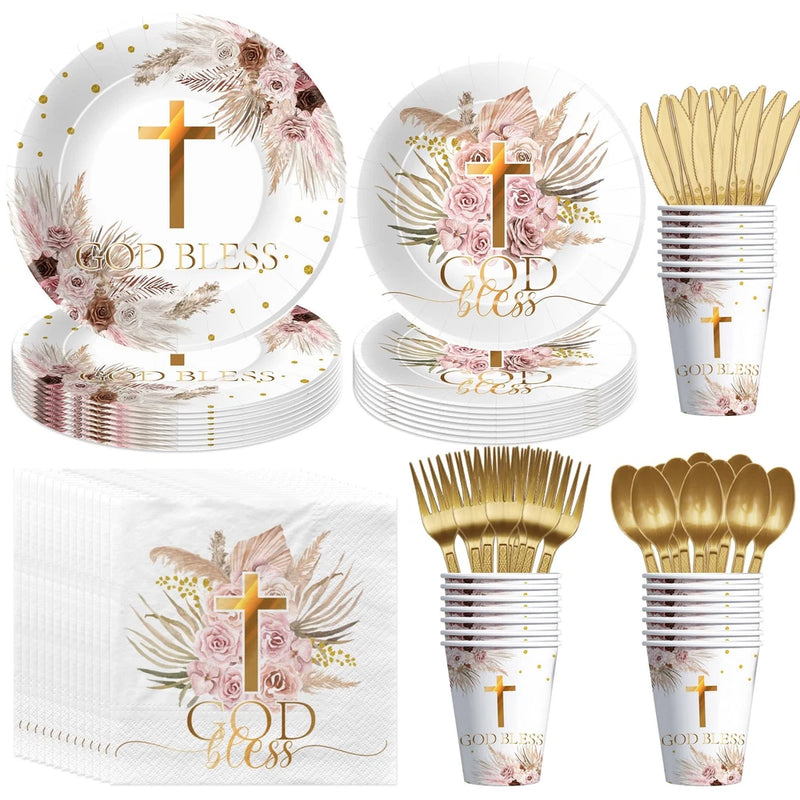 Boho God Bless Baptism Decorations Tableware, Pampas Grass First Communion De... Pampas Grass
