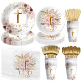 Boho God Bless Baptism Decorations Tableware, Pampas Grass First Communion De... Pampas Grass