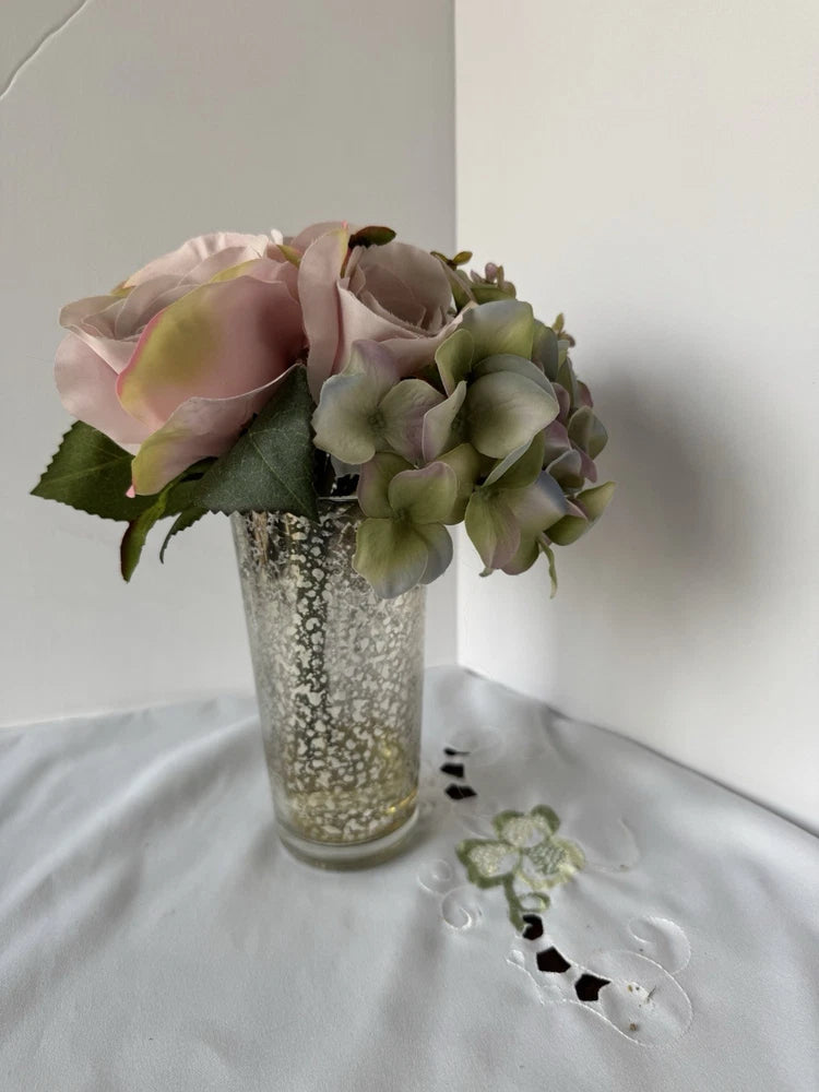 Faux Hydrangea & Rose Arrangement in Mercury Glass Vase Shabby Chic Floral Decor Hydrangea