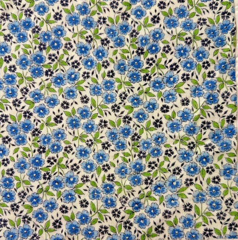 CHARMING FLORALS 1930s Feedsack fabric piece 9x9" blue and green - sweet! Flowering Plants