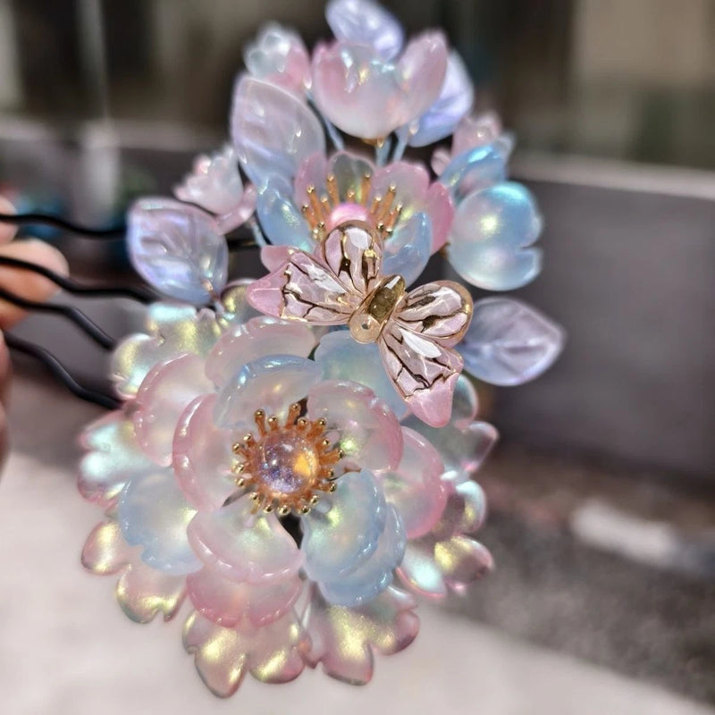 Pastel glass peony flower hair comb with gold centers and layered petals