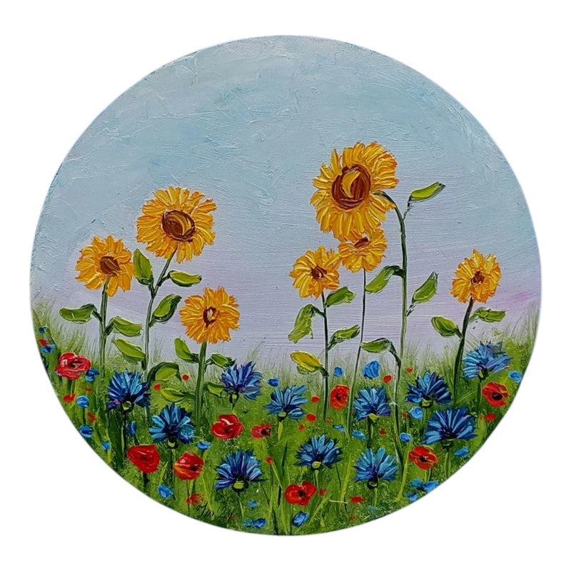 Sunflowers Poppies Original Round Painting Wildflowers Handmade Wall Art OOAK Sunflower