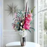 Tropical Home Decor: Peacock & Orchids Floral Arrangement, Modern Centerpiece Hydrangea