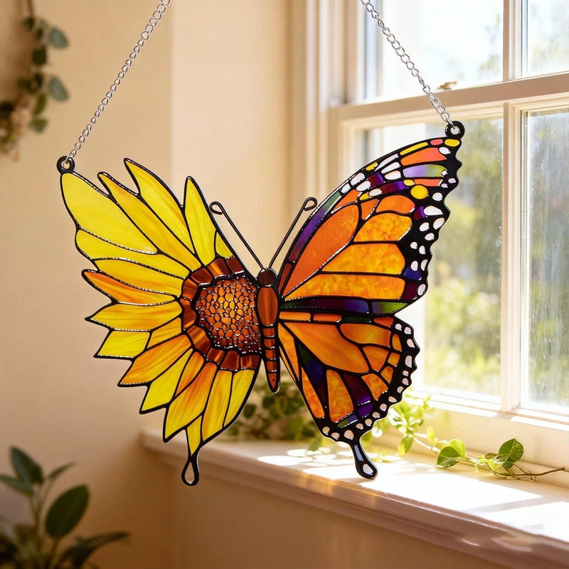 Acrylic butterfly suncatcher with stained-glass floral design, yellow, orange, purple; hanging chain