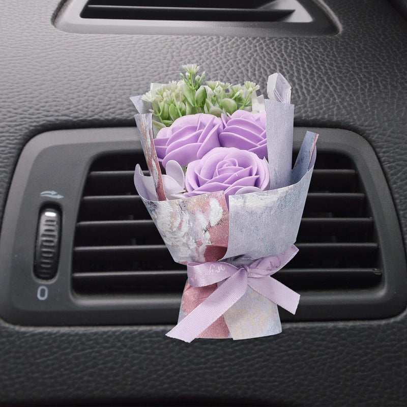 Light purple rose dried flower car vent clip bouquet with ribbon, on car air vent