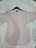 Ellen Tracy Sz S Linen Blend WomenÕs Blouse Pink Striped Short Bell Sleeve Roses