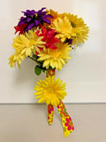 HAND MADE FLORAL DAISY BOUQUET  - YELLOW PINK & PURPLE FLOWERS Daisies