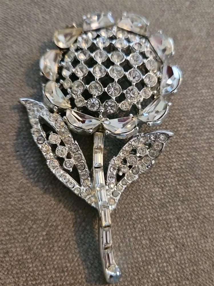 Vtg Clear Rhinestone Sunflower 3.5 Inch Brooch Sunflower