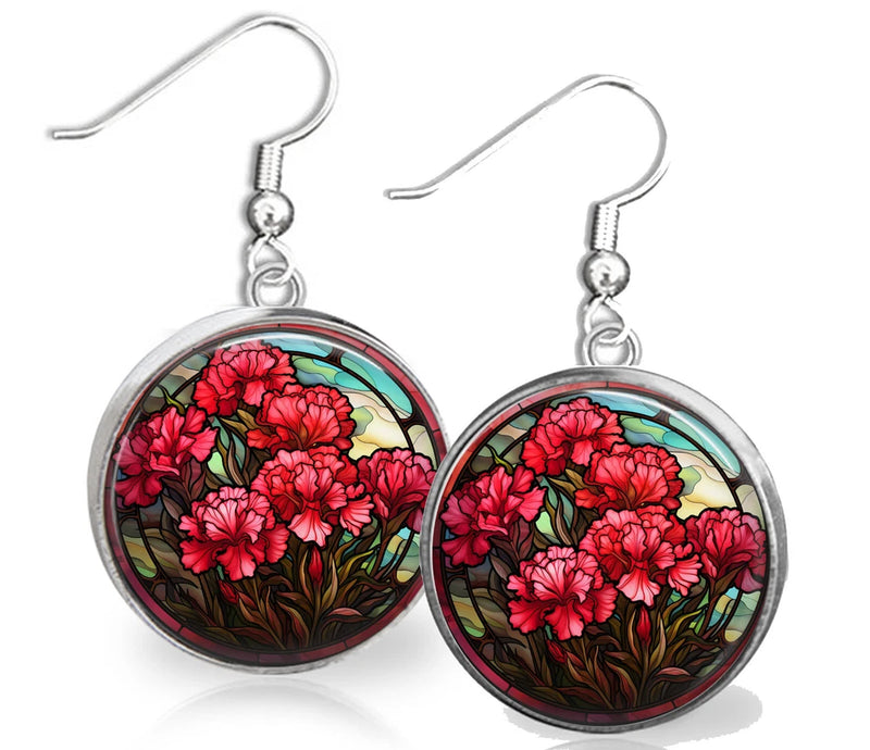 Sterling silver stained-glass style drop earrings with red carnation floral design