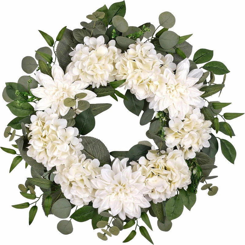 24" Spring Summer Front Door Wreath, Life-Like Artificial White Dahlia Hydrangea Hydrangea