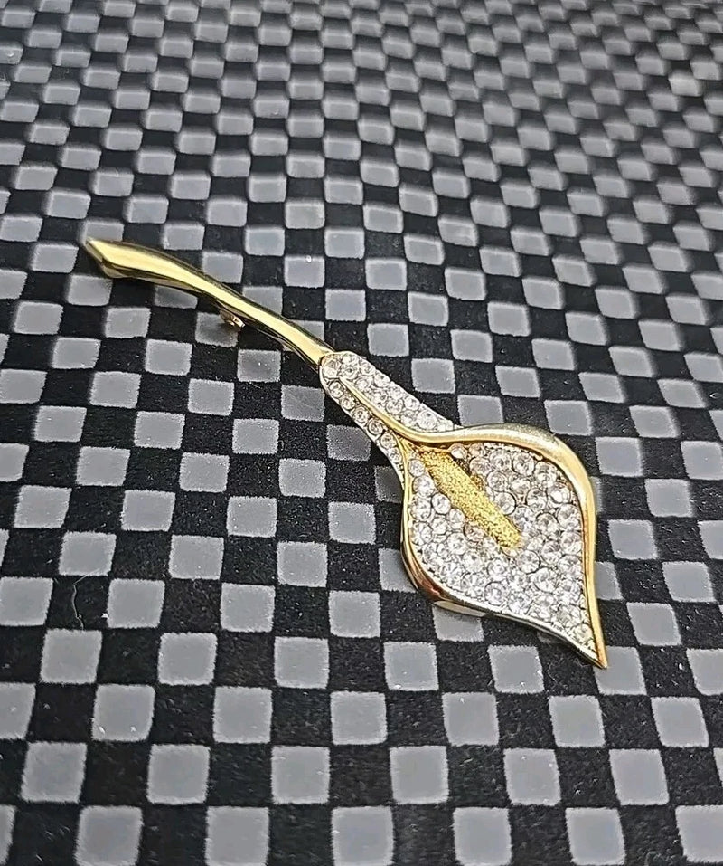 Vintage Large Gold & Silver Tone Rhinestone Long Cala Lily Flower Brooch Pin Lily