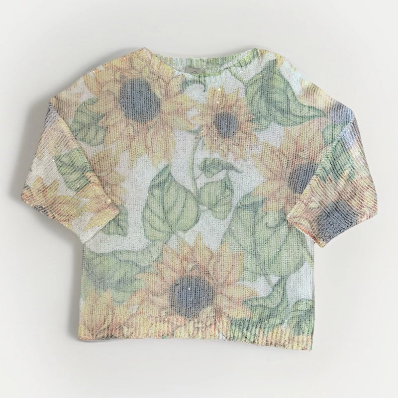 NEW Sioni Muted Sunflower Sequin Sweater Women's Size Medium Lightweight Sparkle Sunflower