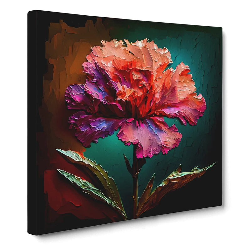 Framed canvas wall art featuring a colorful carnation flower with layered petals