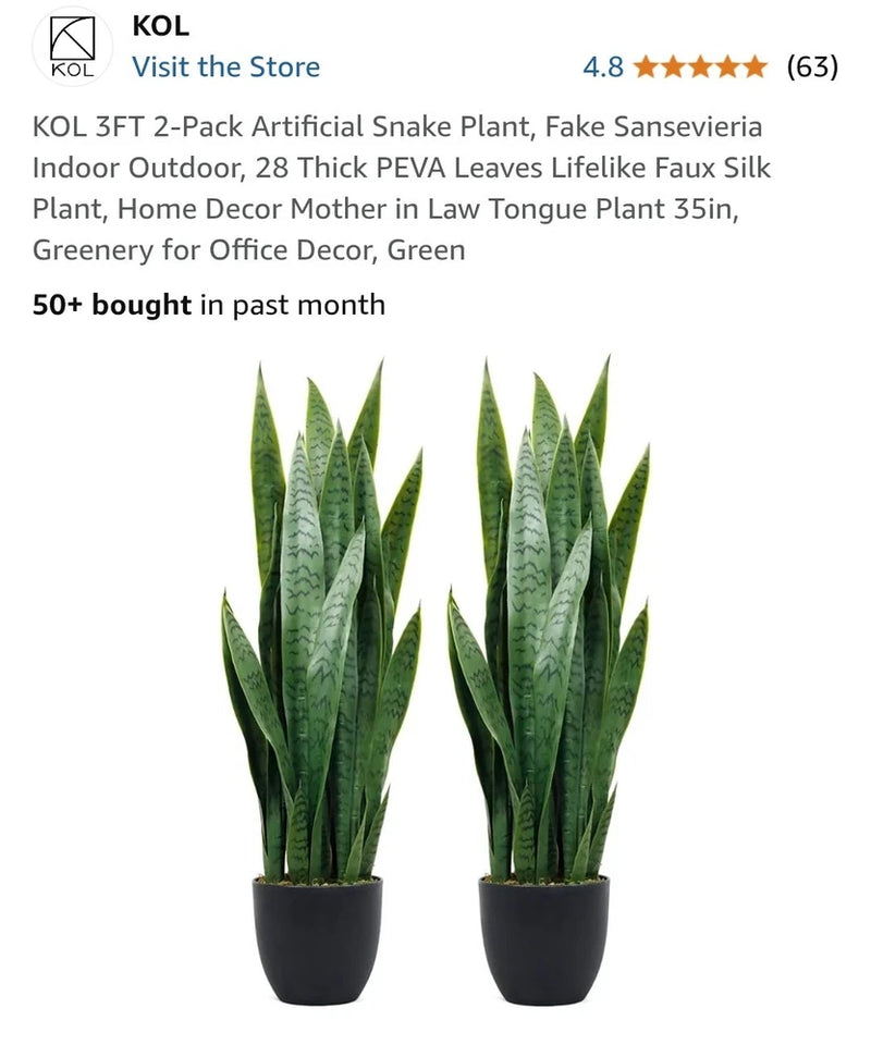 KOL Artificial 3ft 2-Pack Snake Plant, Fake PEVA Leaves Inside/Outside Green Plant