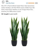 KOL Artificial 3ft 2-Pack Snake Plant, Fake PEVA Leaves Inside/Outside Green Plant
