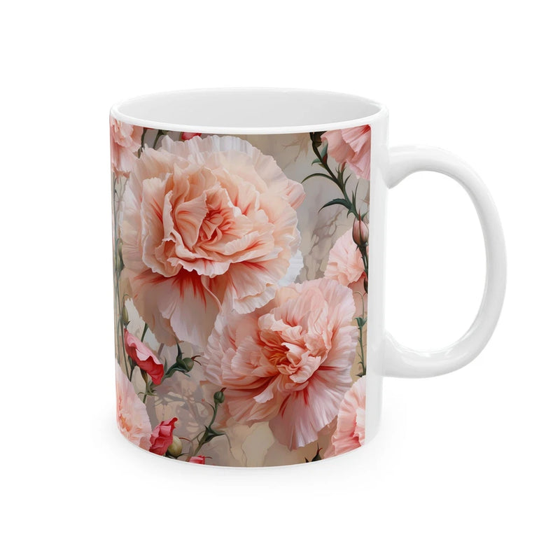 Ceramic coffee mug with pink floral carnation print and white handle