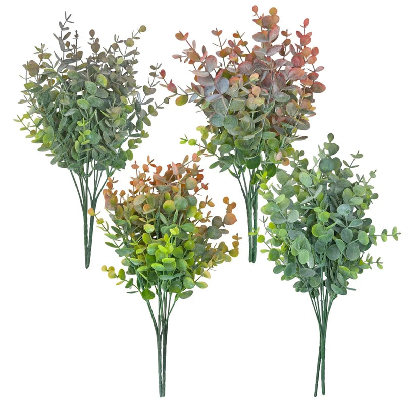 8 Bundles Multi Colored Artificial Eucalyptus Leaves, Plastic Plants, Outdoor... Green Plant