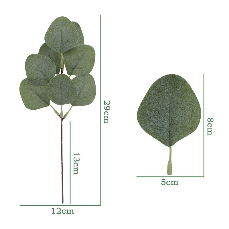 Artificial eucalyptus leaves bundle, green leaf stem with five textured leaves
