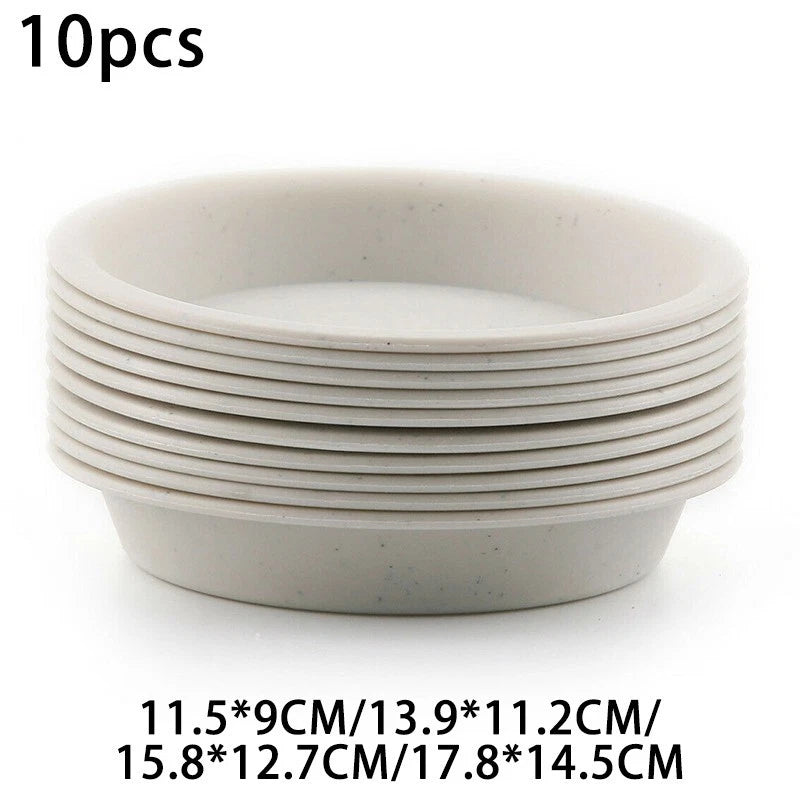 Set of 10 round plant saucer trays, white plastic, shallow bowl shape, stacked