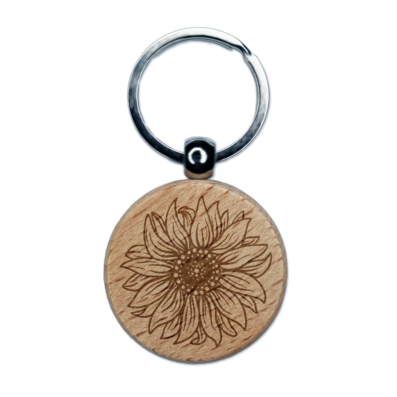 Fancy Blooming Sunflower Flower Engraved Wood Round Keychain Tag Charm Sunflower