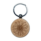 Fancy Blooming Sunflower Flower Engraved Wood Round Keychain Tag Charm Sunflower