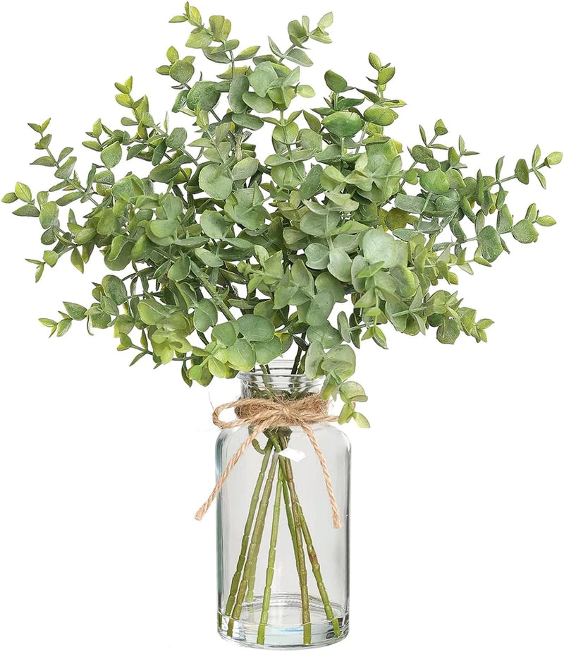 Fake Eucalyptus Stems in Glass Vase with Faux Water,14" Artificial Plants Eucaly Green Plant