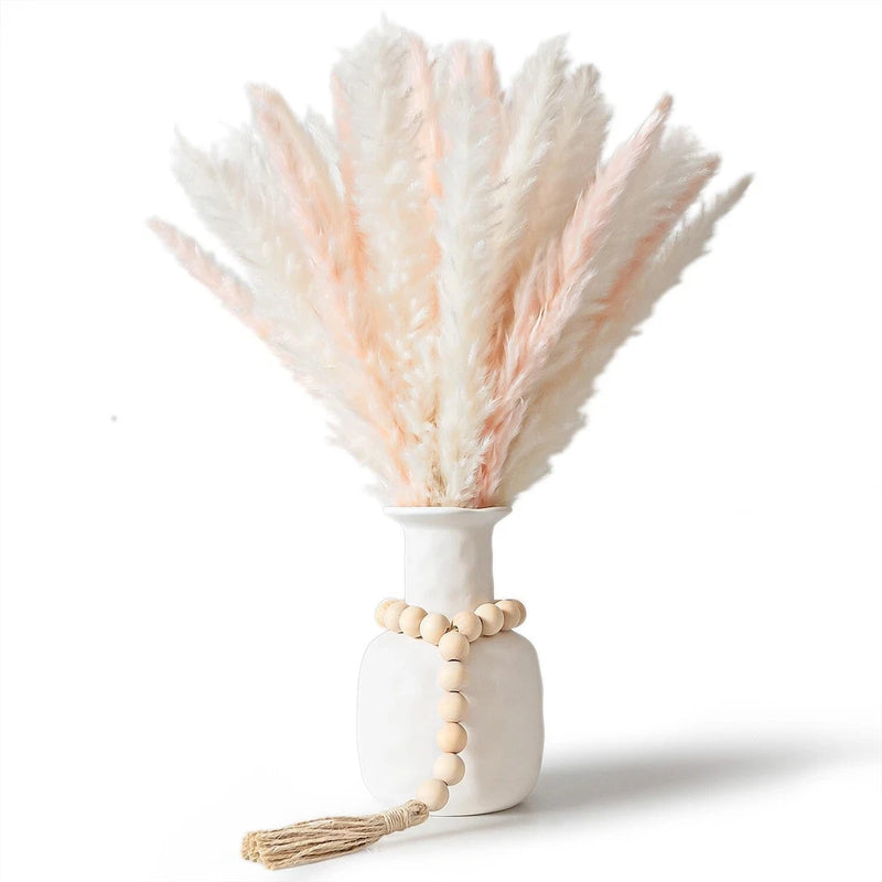 17 Inch Pink & White 30 pcs Pampas Grass with Wooden Elegant Beads - No Vase Pampas Grass