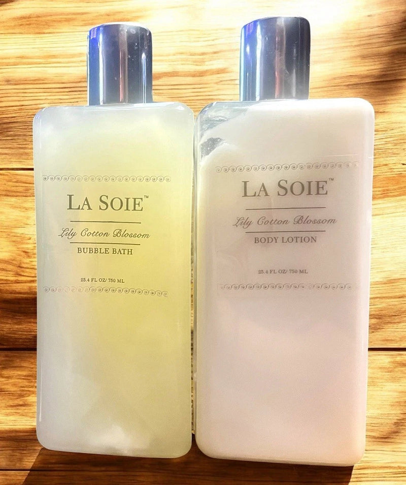 LA SOIE Lily Cotton Blossom bubble bath & body lotion bottles, cream white with silver caps