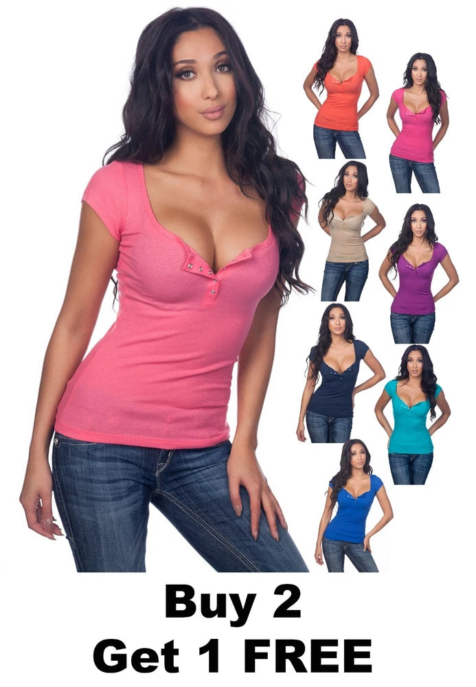 Pink ribbed henley cap-sleeve top with V-neckline and rhinestone button detail