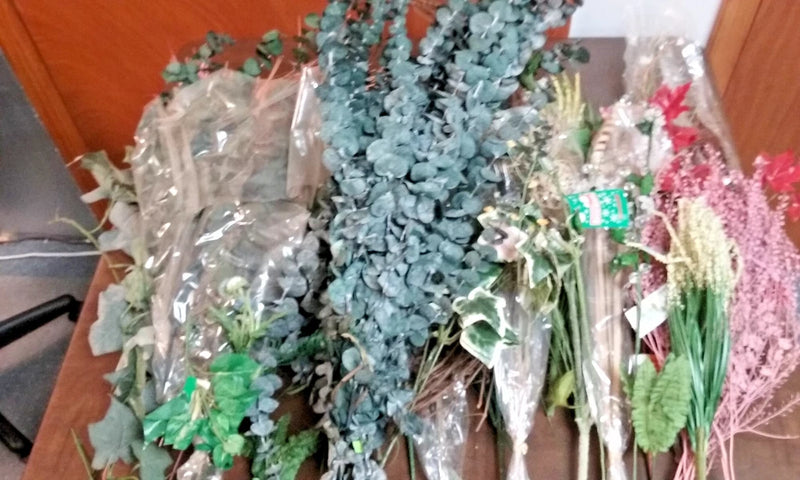 Artificial faux ivy leaves and floral greens bundle, mixed blue-green and pink stems