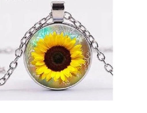 SUNFLOWER YELLOW charm pendant 20" Sterling 925 Silver necklace Gold Gift women Sunflower