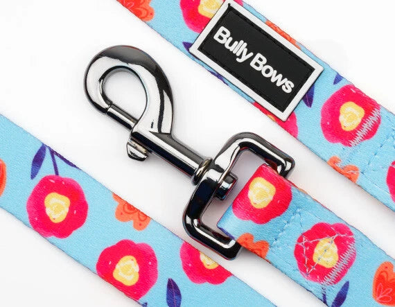 Floral dog leash with metal clip and Bully Bows tag, blue with pink peonies