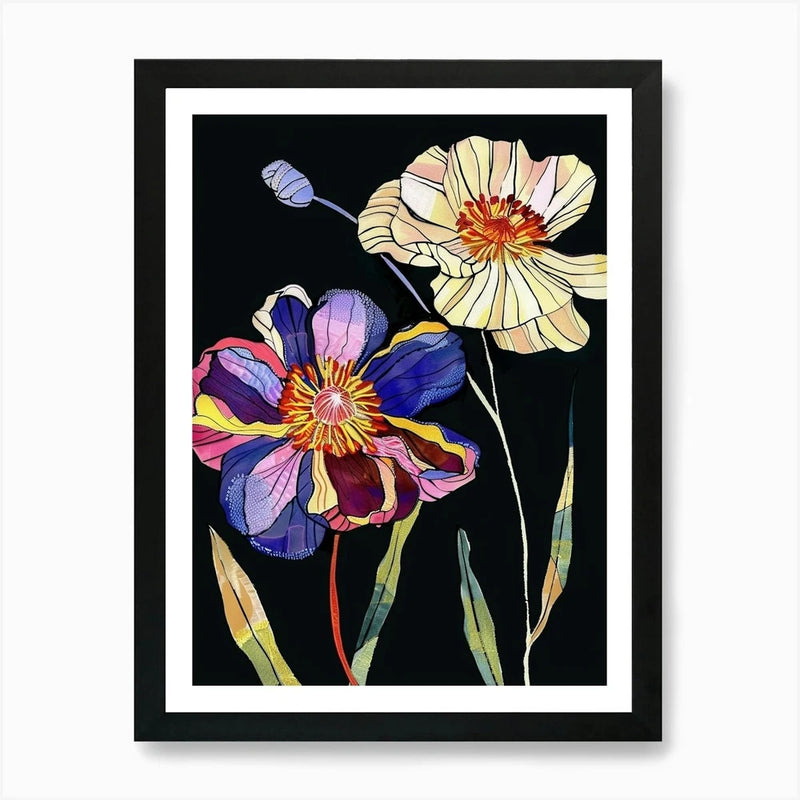 Neon Flowers On Black Ranunculus 4  Framed Wall Art Poster Canvas Print Picture Ranunculus