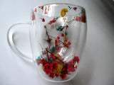 Floral Fusion Glass Mug Double Wall Clear Coffee Tea Cup Botanical Dry Flower Dried Flower
