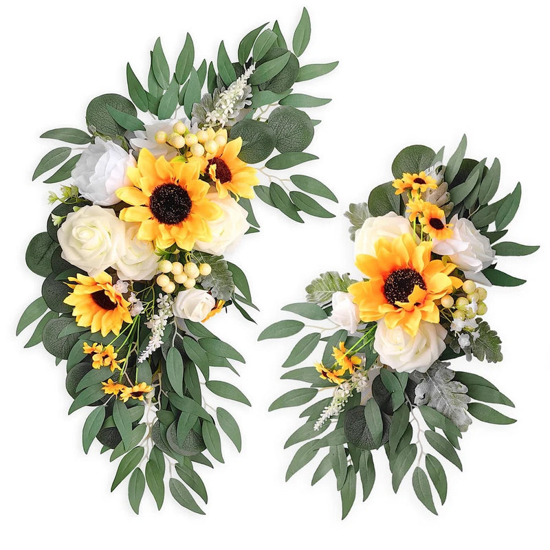 Artificial sunflower and white rose floral swag set of 2 with green leaf accents
