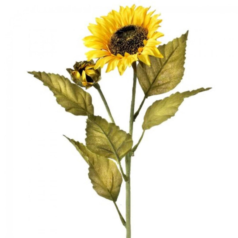 Artificial sunflower spray with yellow blooms, dark centers, and green leaves